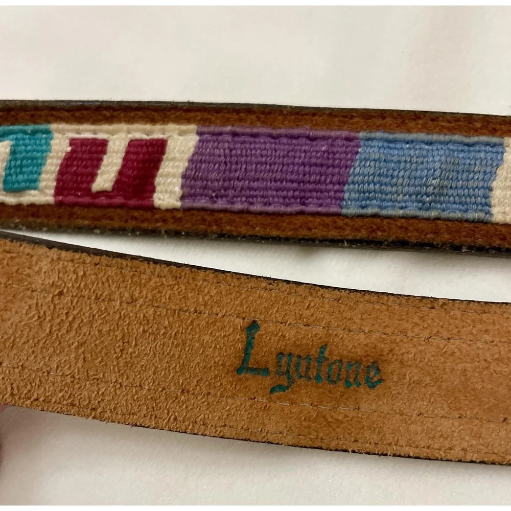 Lytone Belt Mens 32 Brown Leather Western Brass Buckle Needlepoint USA